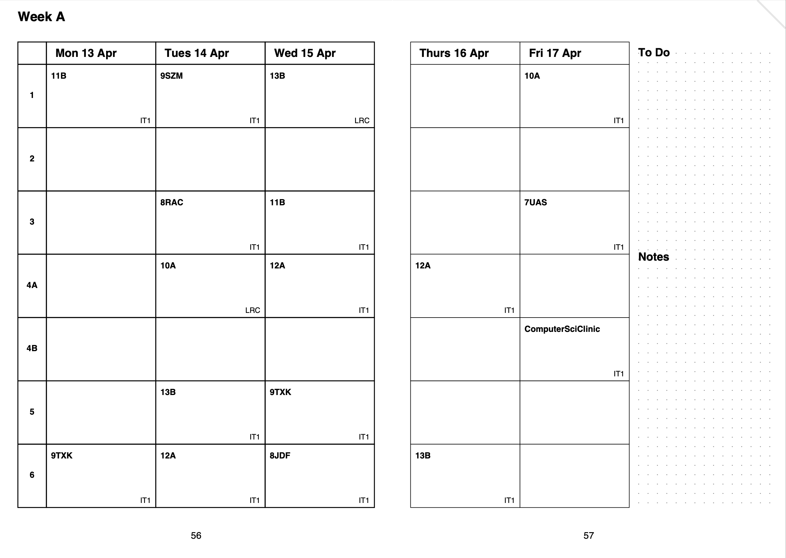 Week across two pages planner layout showing weekly overview